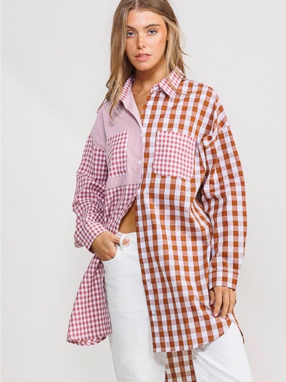 Patchwork Gingham Button-Up Shirt in Pink & Brown